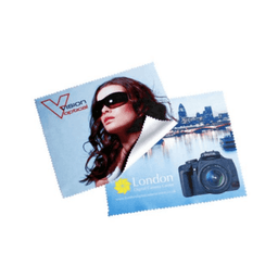 A microfibre lens cleaning cloth featuring a design with a model, a city skyline, and a camera, predominantly in blue and white.