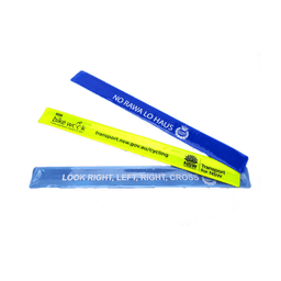 Three PVC reflective slap bands in blue and yellow, featuring various logos and text. Suitable for events and promotions.