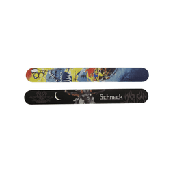 A silicone slap band featuring a vibrant, multicoloured design on one side and a black graphic on the other, with branding.
