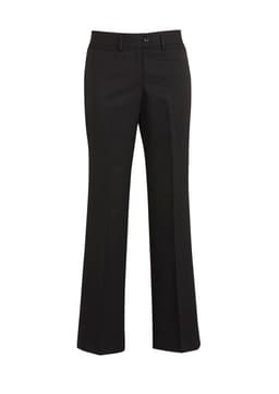A pair of black relaxed pants with a flared design, featuring a waistband and pockets. The product has a logo.