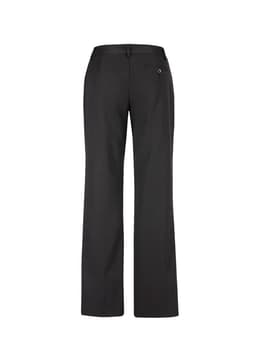 Black women's relaxed pants with a straight leg design and a single back pocket, featuring a logo.