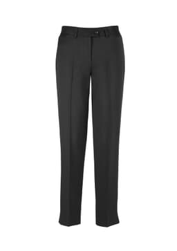 A pair of black slim leg pants with a button closure and pockets, featuring a sleek, tailored design.
