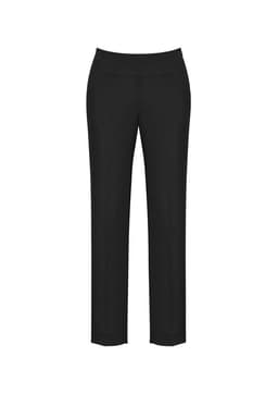 Black slim leg pants featuring a bandless waist design, suitable for casual or professional wear.