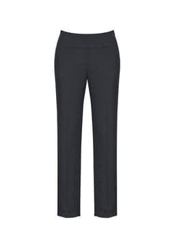 A pair of black slim-leg pants with a bandless design and a front pocket. Features a logo on the waistband.