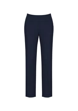 A pair of navy women's slim leg pants, featuring a bandless design, ideal for casual or formal wear.