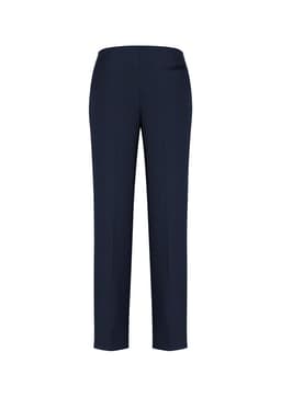 Navy blue women's slim leg pants with a bandless design and a single back pocket. Includes a logo.