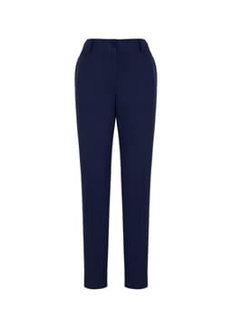 A pair of women's navy bandless elastic waist pants with a sleek design and front pockets.