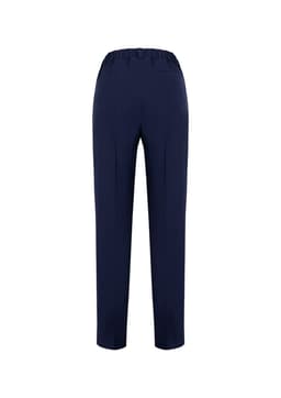Bandless elastic waist women's pants in navy blue with a single back pocket and a regular fit. Features a logo.