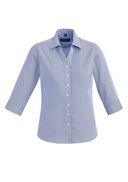 A blue women's button-up shirt with a 3/4 sleeve, featuring a collar and front buttons. It has a logo on the label.