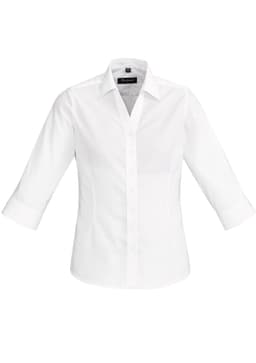 A white women's Hudson 3/4 sleeve button-up shirt with a collar and rolled cuffs. Features a logo on the label.