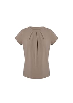 A short-sleeve women's top in a light beige colour with pleated detailing at the front. It features a logo.