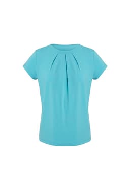 A light blue short sleeve top with pleat detailing and a round neckline. It features a logo on the design.