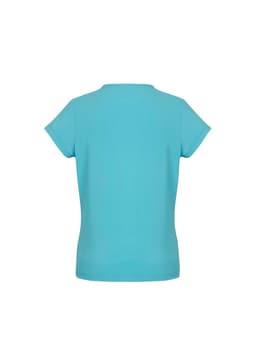 A light blue women's short sleeve top with a simple design and a logo on the back.
