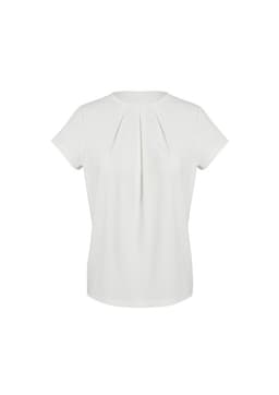 A short sleeve top in a light neutral colour with a pleated design at the front. It features a logo.