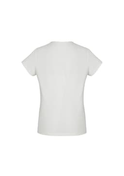 A white women's short sleeve top with a simple design, featuring a back view and no visible branding.