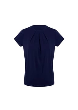 A navy short sleeve top featuring a pleat detail at the front and a round neck. It has a simple design with a logo.