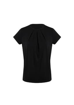 A black women's short sleeve top featuring pleat detailing and a relaxed fit. It has a logo on the garment.