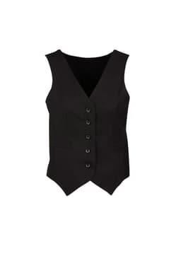 A black women's peaked vest with a button front and knitted back, featuring two side pockets and a fitted silhouette.