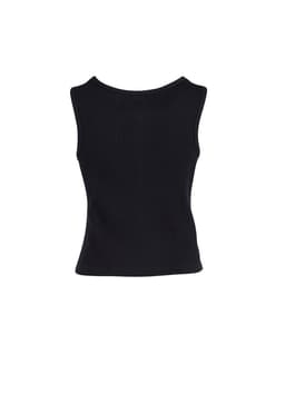 A black women's sleeveless vest featuring a fitted design and a rounded neckline. It has a logo on the back.