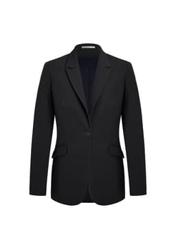 A black longline jacket with a single button front, featuring two side pockets and a tailored fit.