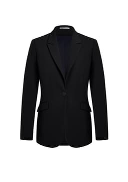 A black longline jacket featuring a classic blazer design with a single button and two pockets.