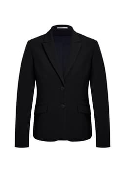 A black mid-length women's jacket featuring a notched collar and two front buttons, with side pockets.