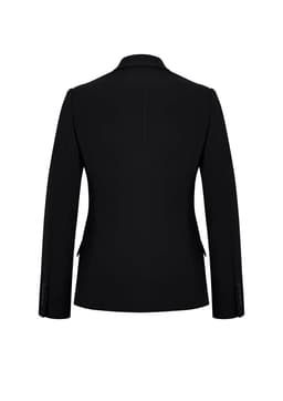 A black mid-length jacket with long sleeves and a tailored back design. It features a logo on the fabric.
