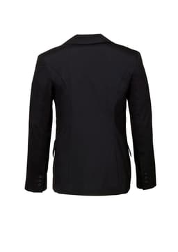 A black women's longline jacket, featuring a tailored fit and buttons on the sleeves. It includes a logo.