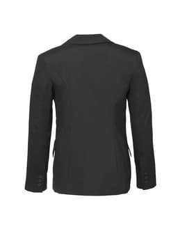 A black wool stretch longline jacket with a fitted silhouette, featuring a collar and button details on the sleeves.