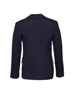 A women's longline jacket in dark navy with a fitted design and button details on the sleeves. It features a logo.