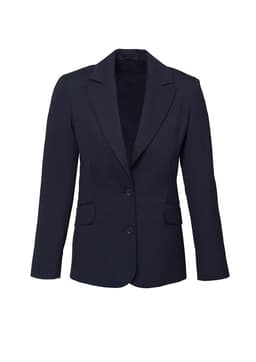 A navy women's longline jacket with a blazer style, featuring two buttons and front pockets.