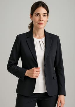 A women's longline jacket in navy, featuring a tailored fit with a single-breasted design and branding.