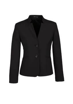 A black women's comfort wool stretch short jacket with a reverse lapel and two buttons, featuring a sleek design.