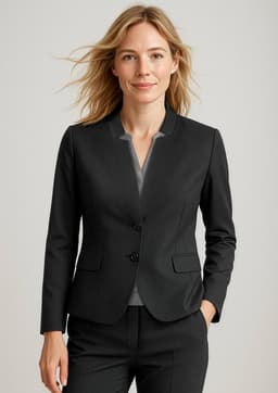 A black women's short jacket with a reverse lapel design, featuring a fitted silhouette and two front buttons.