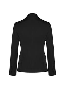 A black mid-length jacket featuring a two-button design and a fitted silhouette, with a logo on the back.