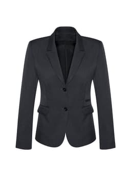 A women's mid-length blazer in dark grey with two buttons and angled pockets, featuring a tailored fit.