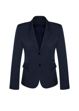 A women's mid-length jacket in dark navy, featuring a two-button closure and fitted design. It has a sleek blazer style.
