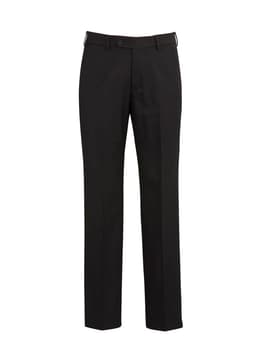 Black flat front pants with a regular fit, featuring a waist button closure and a subtle logo detail.