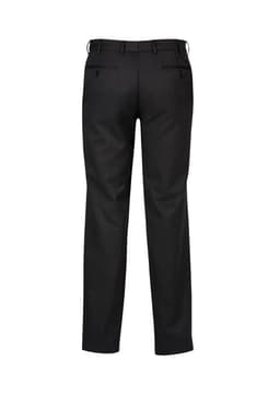 A pair of black flat front men's slacks featuring a sleek design and back pockets.