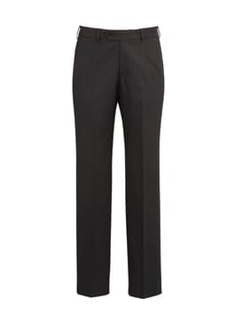 A pair of black flat front slacks featuring a sleek design and a logo on the waistband.
