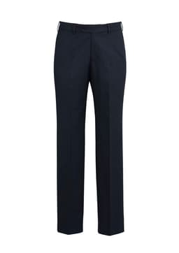 A pair of navy flat front pants for men, featuring a classic design and a waistband with a logo.