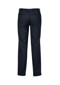 A pair of navy flat front pants for men, featuring a sleek design and two back pockets.