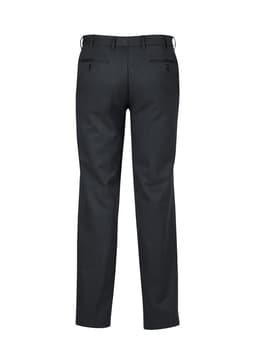 Dark grey men's adjustable waist pants with a tailored fit and back pockets. Features a logo.
