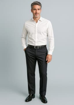 Men's cool stretch adjustable waist pants in black, styled with a white shirt and belt, featuring a logo.