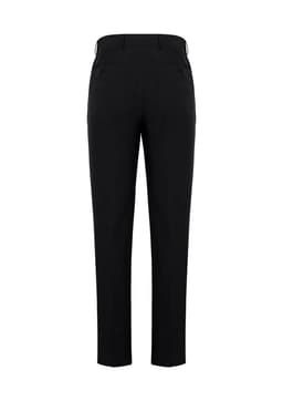 A pair of black slim fit flat front pants with a tailored design, featuring rear pockets.