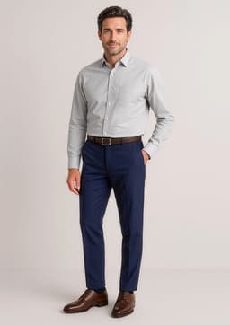 A man wearing a grey shirt paired with navy slim fit flat front pants and brown shoes, standing against a neutral background.