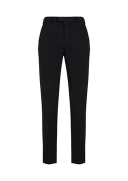 Black slim fit flat front pants, featuring a sleek design and a logo on the waistband. Suitable for formal occasions.