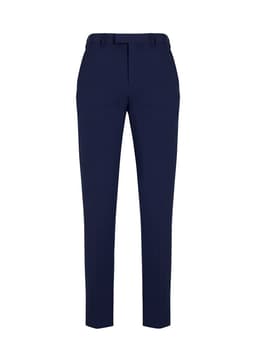 Slim fit flat front pants in navy blue, featuring a sleek design and a waistband with a logo.