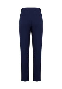 A pair of navy blue men's slim fit flat front pants with back pockets, featuring a logo on the waistband.