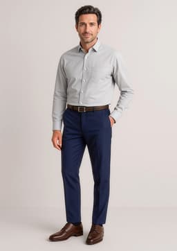 A man wearing a grey shirt and navy slim fit flat front pants, complemented by brown shoes and a belt.